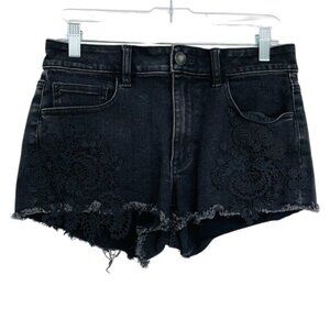 AE American Eagle Hi Rise Shortie Shorts Womens 8 Black‎ Lace Cut Off Denim
